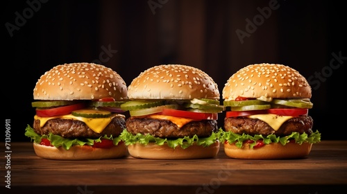 Three big juicy hamburgers with patty vegetables sauce and cheese Studio shooting Generative Ai