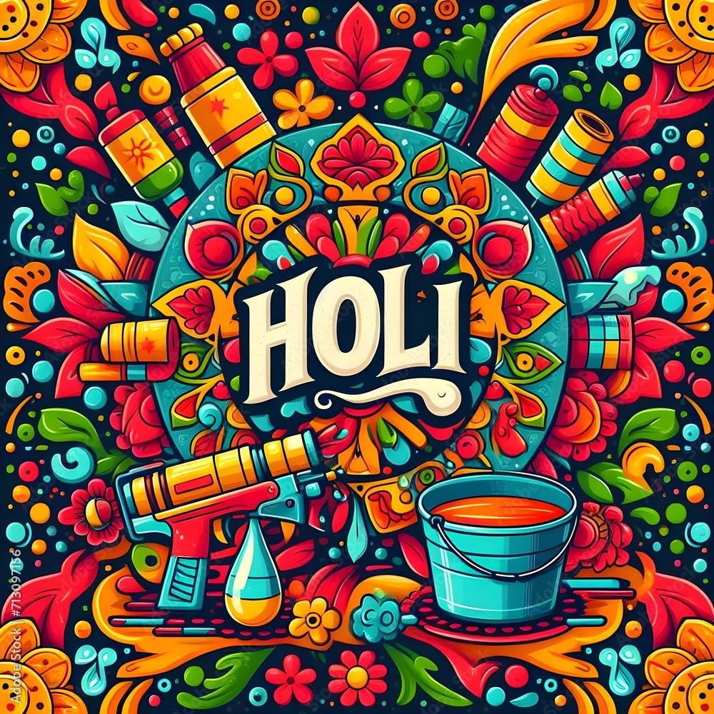 Obraz premium Happy Holi Text, Holi Text, Holi festival background banner poster template creative Flyer for indian festival of color celebration, Vector illustration of Holi festival background