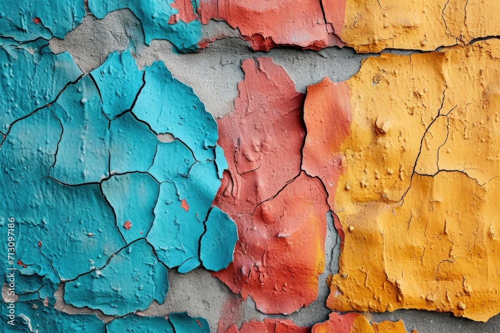 Fototapeta premium A close up of peeling paint on a wall, corful grunge wallpaper background