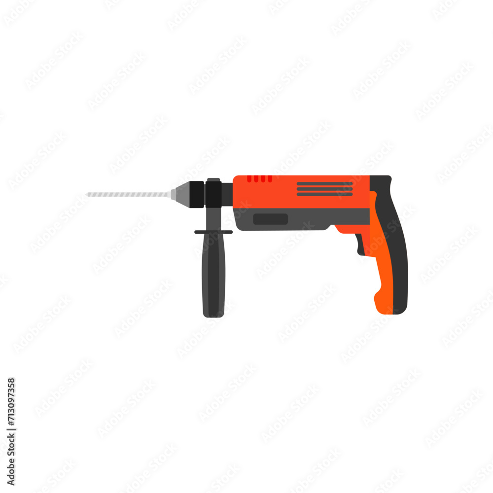Drill machine flat design vector illustration isolated on white background. Construction tools, vector illustration for graphic design projects Drill machine flat design vector illustration isolated on white background. Construction tools, vector illustration for graphic design projects