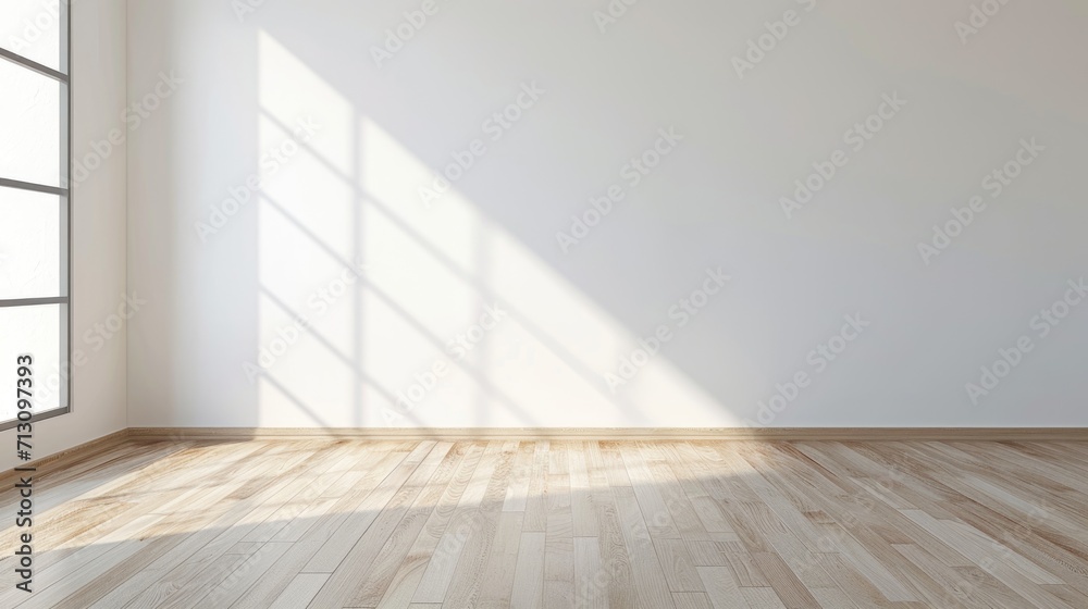A blank room with a white painted wall and light wooden herringbone floor, giving a clean and spacious feel. A blank room with a white painted wall and light wooden herringbone floor, giving a clean and spacious feel.