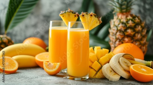 Assorted tropical fruits with orange juice on a light background, featuring bananas and pineapple.