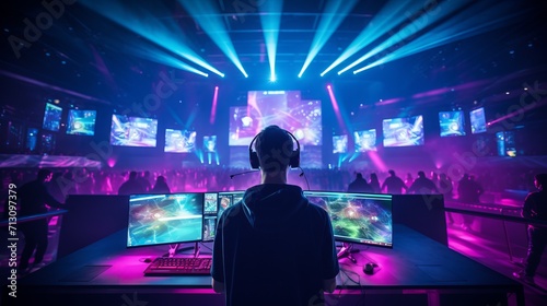 A young player in tech-enhanced clothes plays in a big esports event. A teenager in smart, light-up gear focuses on an esports game.