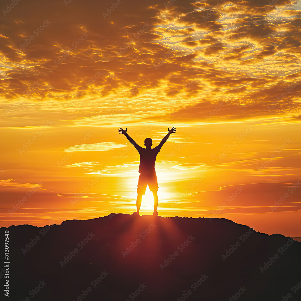 Person Standing on Top of Hill With Arms Raised in the Air