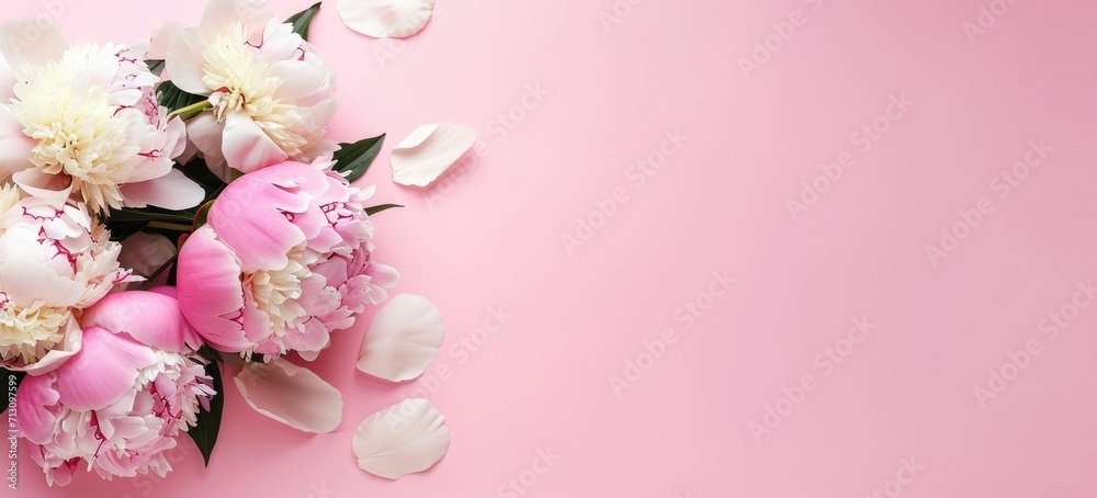 A bouquet of pink and white peonies on a soft pink background, with scattered petals adding a delicate touch.