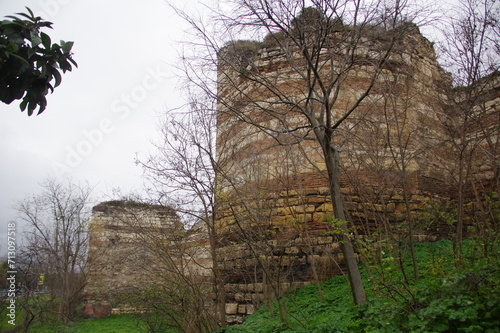 View of the famous Theodosian Walls of Constantinople, modern Istanbul, Turkey