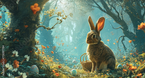Illustration of the Easter bunny with a basket in a meadow