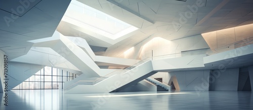 Wallpaper Mural Futuristic Interior Design with Geometric Staircase, Modern Architectural Elegance Torontodigital.ca