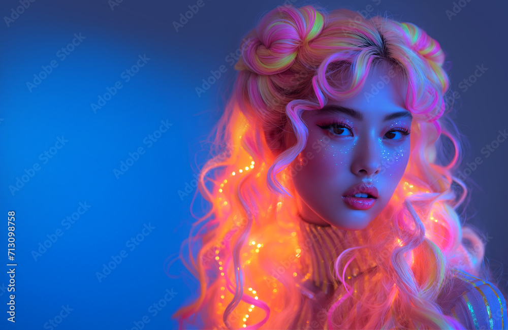 Fashion editorial Concept. Closeup of asian girl with glitter sheen makeup and neon colourful rainbow flowing hair . illuminated with dynamic composition and dramatic lighting. copy text space