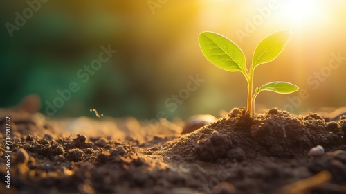 Seedling are growing in the soil with the backdrop of the light of the sun generative ai
