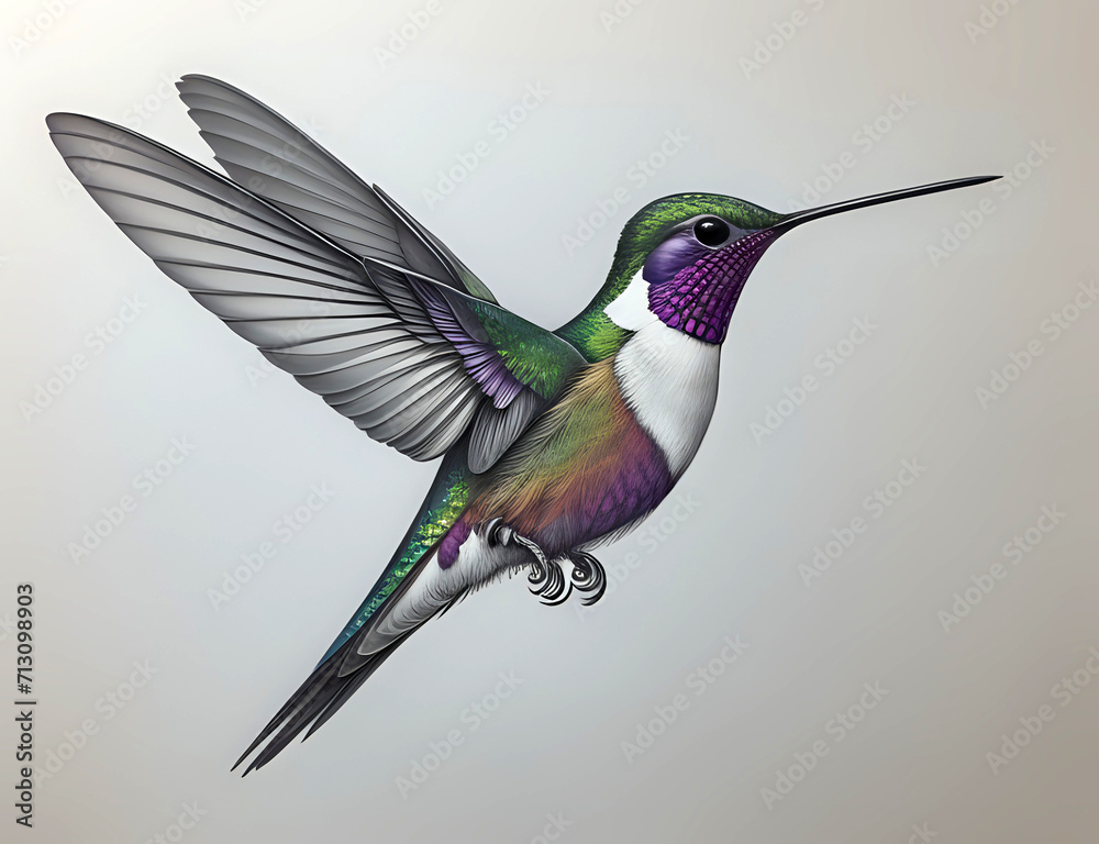 Fototapeta premium fliegender Kolibri mit lila Hals und weißer Brust