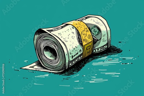 artistic illustration of a roll of U.S. dollar bills secured with a yellow band on a vibrant green background photo
