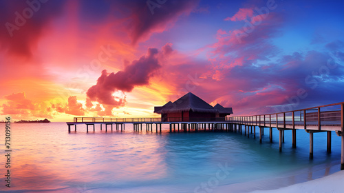 sunset on the beach beach, sea, water, maldives, sunset, ocean, sky, resort, island, tropical, bungalow, nature, house, travel, landscape, vacation, hotel, villa, holiday Generative AI 