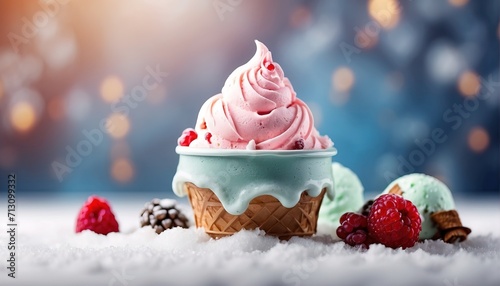 Winter snow ice cream. decoration with soft focus light and bokeh background