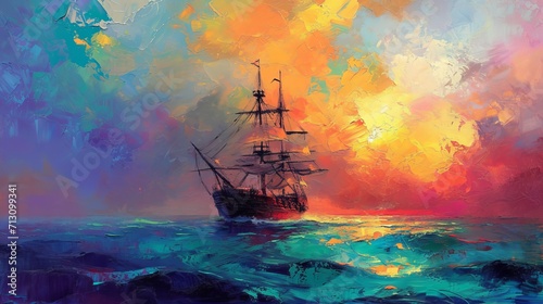 A Steam Merchant Ship on the Sea: A Vibrant and Colorful Painting 