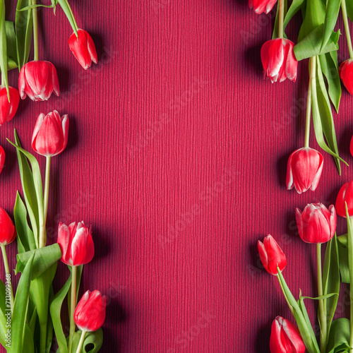 Floral frame with red tulips on red background, top view