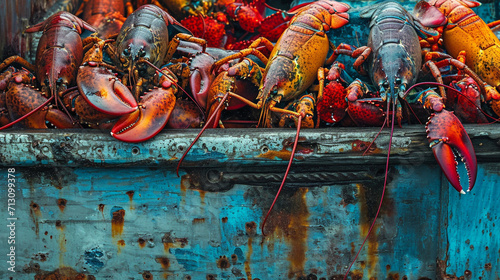An artistic composition featuring a close-up of a lobster boat deck piled high with freshly caught lobsters, their vibrant colors contrasting against the weathered wood of the boat