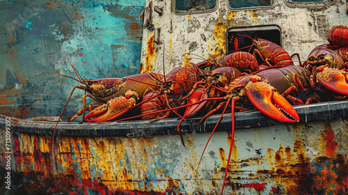 An artistic composition featuring a close-up of a lobster boat deck piled high with freshly caught lobsters, their vibrant colors contrasting against the weathered wood of the boat