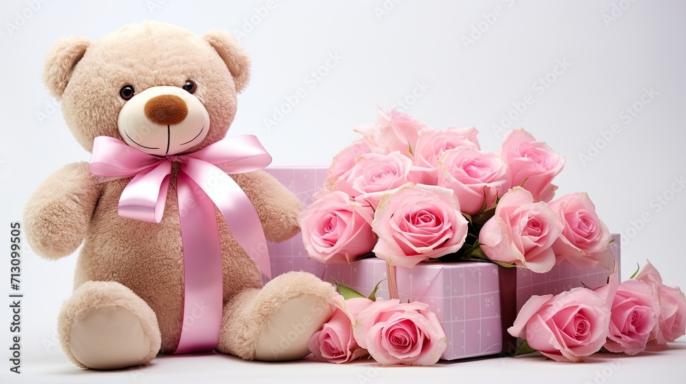 Bouquet of delicate pink roses, a toy teddy bear holding a gift with silk ribbons
