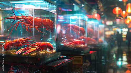 A visually elaborate composition featuring a seafood market display of live lobsters in colorful tanks, showcasing the vibrant red hues of the crustaceans against the backdrop of a