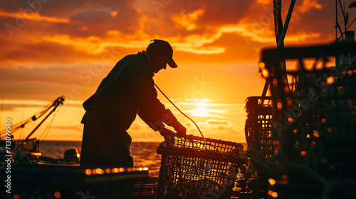 An atmospheric shot of a lobster fisherman in silhouette against a vibrant sunset sky, pulling in lobster traps from a boat, creating a visually stunning and cinematic portrayal of photo
