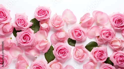 Close up of blooming pink roses flowers and petals isolated on white table background. Floral frame composition. Decorative web banner. Empty space, flat lay, top view. AI Generative