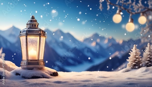 Winter lamp light decoration with soft focus light and bokeh background