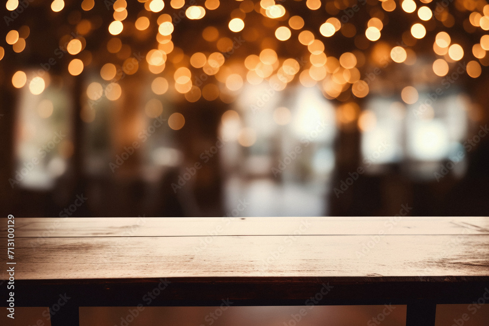 Wooden cafe table bokeh background, empty wood desk restaurant tabletop counter in bar or coffee shop surface product display mockup with blurry city lights backdrop presentation. Mock up, copy space. Wooden cafe table bokeh background, empty wood desk restaurant tabletop counter in bar or coffee shop surface product display mockup with blurry city lights backdrop presentation. Mock up, copy space.