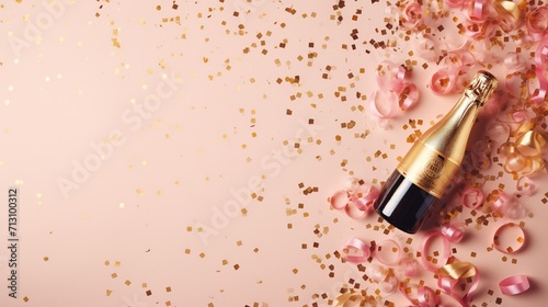 Confetti and a champagne bottle on a celebration background Generative AI