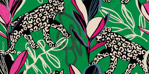 Leopard seamless pattern with tropical leaves background Vector