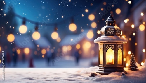 Winter snow village. muslim lamp light decoration with soft focus light and bokeh background