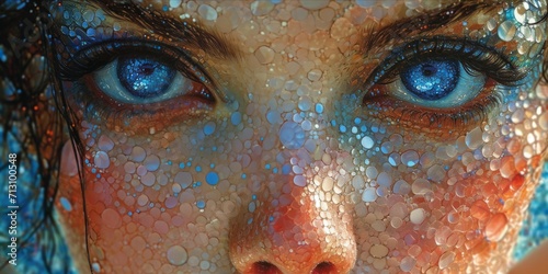 Mermaid Surreal Elegance: A Close-Up of a Face Adorned with a Mosaic of Iridescent Blue Scales, Reflecting the Artistry of Fantasy Makeup, Generative AI