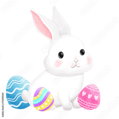 Happy Easter day watercolor. Little Rabbit Bunny cartoon with greeting card. Easter egg festival © phanuchat