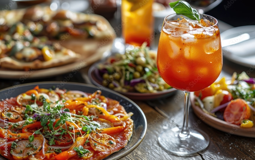 A cocktail accompanies a spread of diverse brunch dishes, garnished and served on rustic plates, creating an inviting meal atmosphere. A cocktail accompanies a spread of diverse brunch dishes, garnished and served on rustic plates, creating an inviting meal atmosphere.