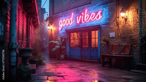 A neon sign that says good vibes on a building photo