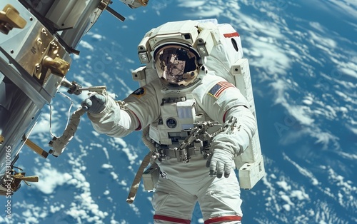 An astronaut floats weightlessly in space above the Earth, with the planet's majestic blue and white surface visible below