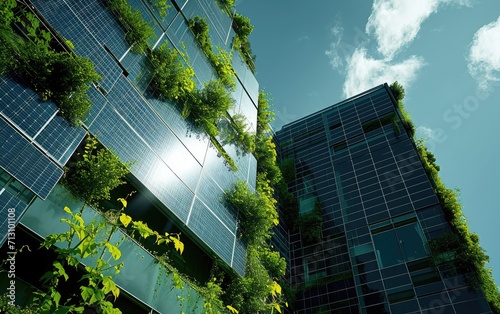 Sustainable Building Featuring Green Walls and Solar Panels