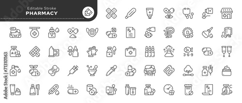 Set of line icons in linear style. Series - Pharmacy and Pharmaceuticals. Tablets, medications and care products. Outline icon collection. Pictogram and infographic. Editable stroke.