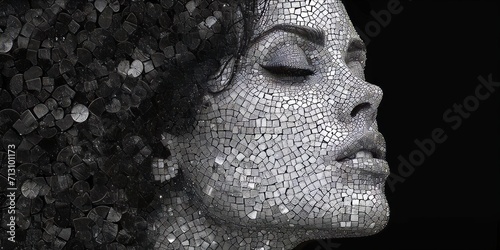 Mermaid Surreal Elegance: A Close-Up of a Face Adorned with a Mosaic of Iridescent Blue Scales, Reflecting the Artistry of Fantasy Makeup, Generative AI