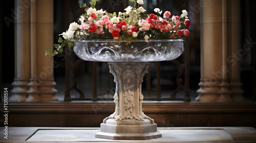 Fotografie, Tablou A flower adorned baptismal font.