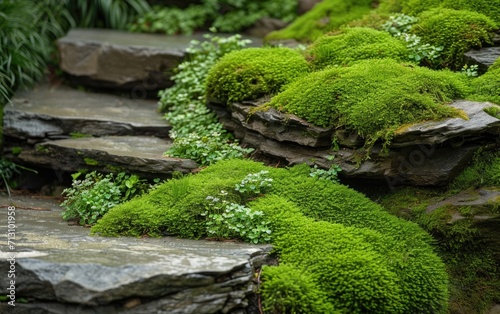 Moss thrives on the rocks in a garden, showing vibrant green growth amidst the stone surfaces