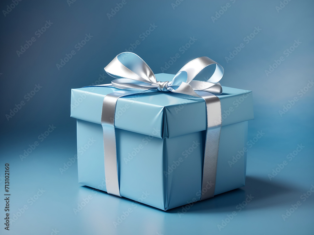 Fototapeta premium sky Blue gift box with a silver ribbon on a blue background design.