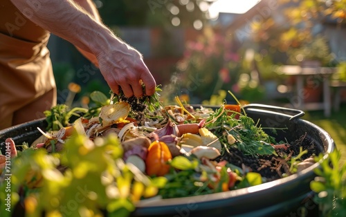 A person composting kitchen scraps to reduce food waste, showcasing source reduction through composting, with a backyard compost bin in focus