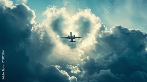 flying plane among the clouds love heart sign
