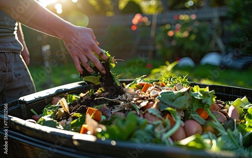 A person composting kitchen scraps to reduce food waste, showcasing source reduction through composting, with a backyard compost bin in focus