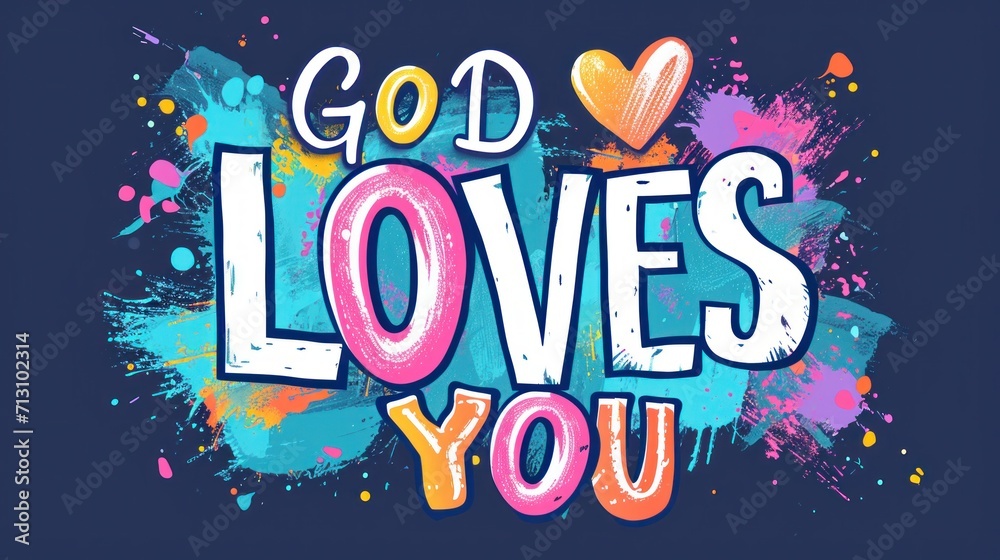 GOD LOVES YOU colorful vector typography banner with heart symbol   - obrazy, fototapety, plakaty 