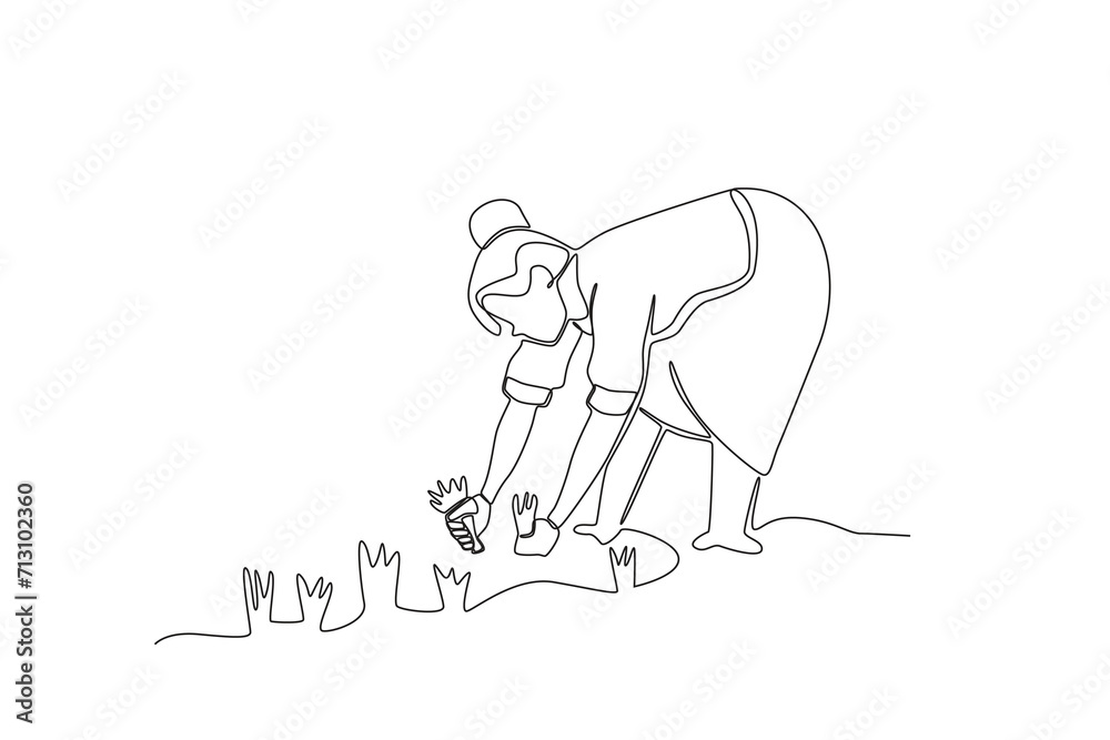 Single continuous line drawing of Female farmer planting rice. Minimalism metaphor concept. Dynamic one line draw graphic design vector illustration.
