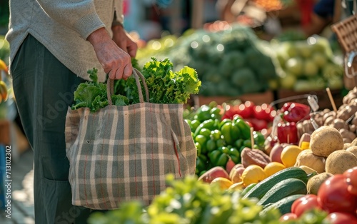 A woman using a reusable cloth bag for grocery shopping, showcasing sustainable consumer choices, with a farmers' market backdrop