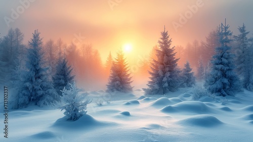 Frosty winter landscape in snowy forest Christmas background.