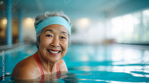Elderly asian lady in the swimming pool with copy space © cobaltstock